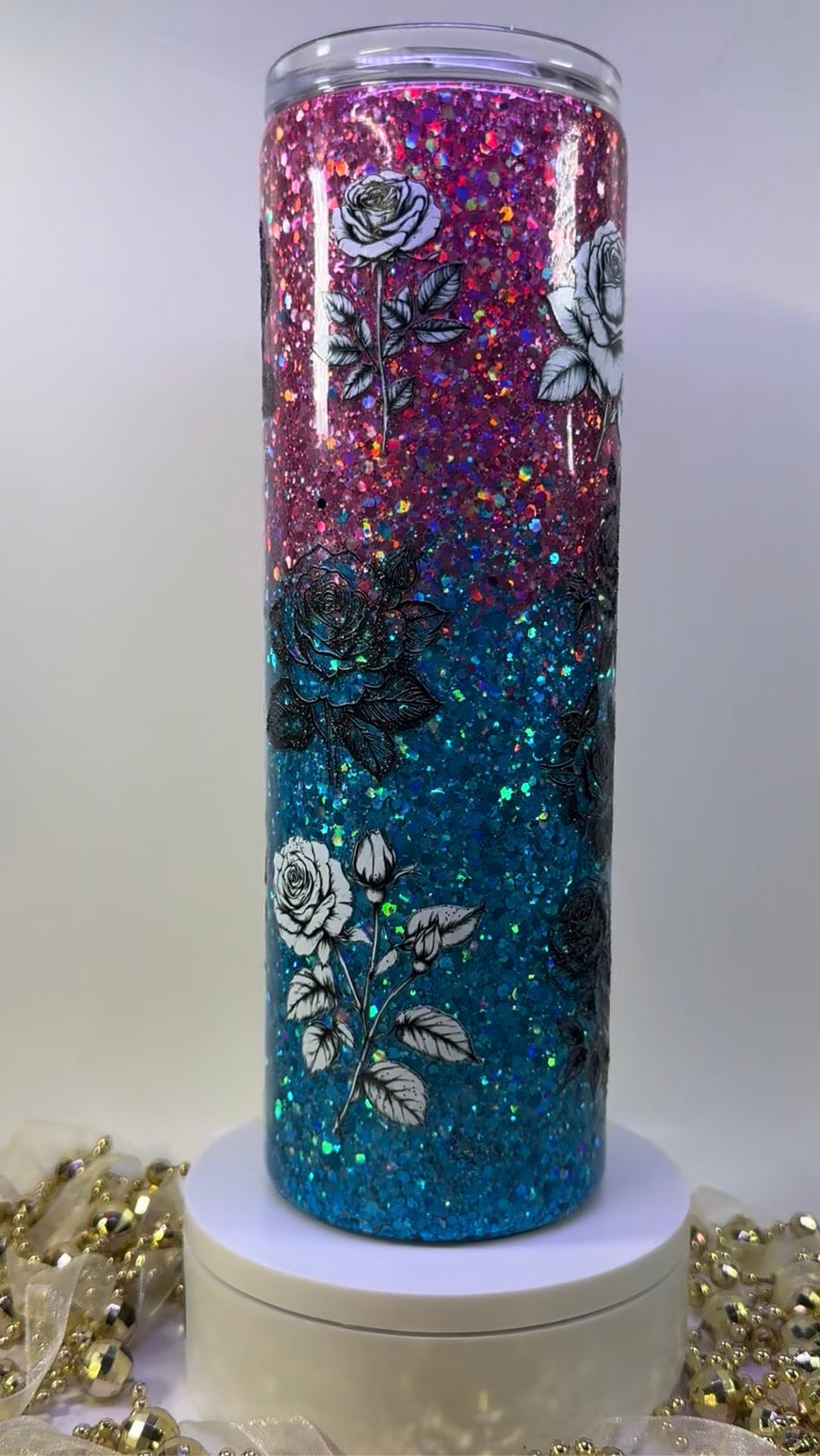 Pink/Aqua Blue Floral Glitter Ombre (1001)