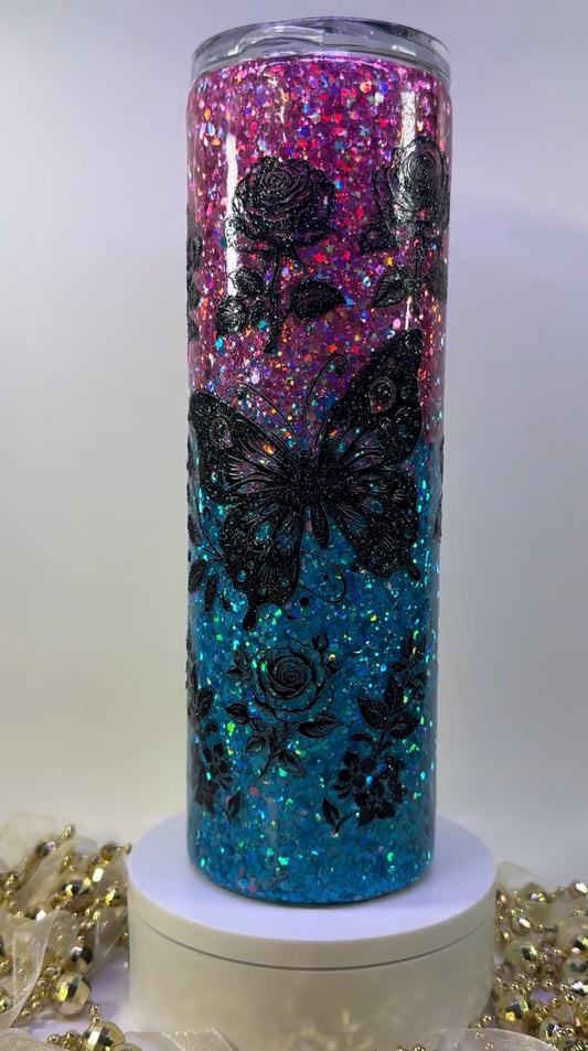 Pink/Aqua Blue Floral Glitter Ombre (1001)