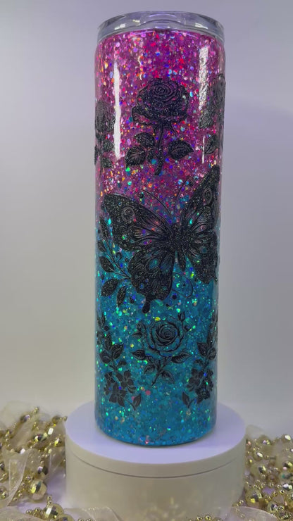 Pink/Aqua Blue Floral Glitter Ombre (1001)
